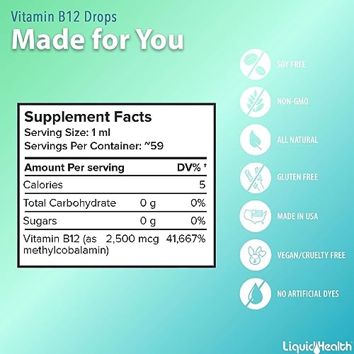 Liquidhealth Vitamin B12 Liquid Pure Methyl Drops, Methylcobalamin Energy Boost Natural Vegan Safe Sublingual Hydroxocobalamin, 2 Fl Oz #TOP4