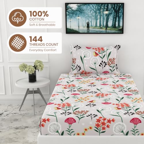 Image of LORETO - A QUALITY LINEN BRAND 144 TC 100% Pure Cotton Single Fitted Bedsheet with 1 Pillow Cover for 72 x 36 Inch Mattress, All-Around Elastic, 8 Inch Deep Pocket, Lavender Grey Spring Harmony