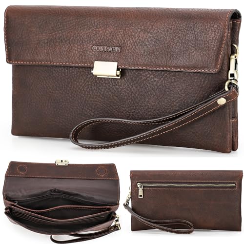 Image of Top Grain Genuine Leather Clutch Wallet with Wristlet for Man & Woman, Handmade Retro Design, Magnetic Push Lock, Multi Pockets /Slots, RFID Large Capacity for Cards /Check /Cash /Coin /Passport, Red Brown