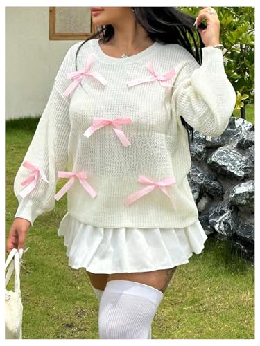 MakeMeChic Women's Plus Size Bow Sweater Crochet Crew Neck Lightweight Sweater Long Sleeve Cute Pullover Top4