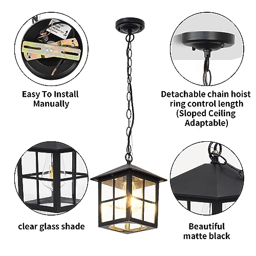 Black Outdoor Pendant Light Fixture Exterior Hanging Lights with Adjustable Chain Waterproof Outside or Indoor Hanging Lantern for Dinning Room Hallway Kitchen Island Porch Doorway(1 Pack)