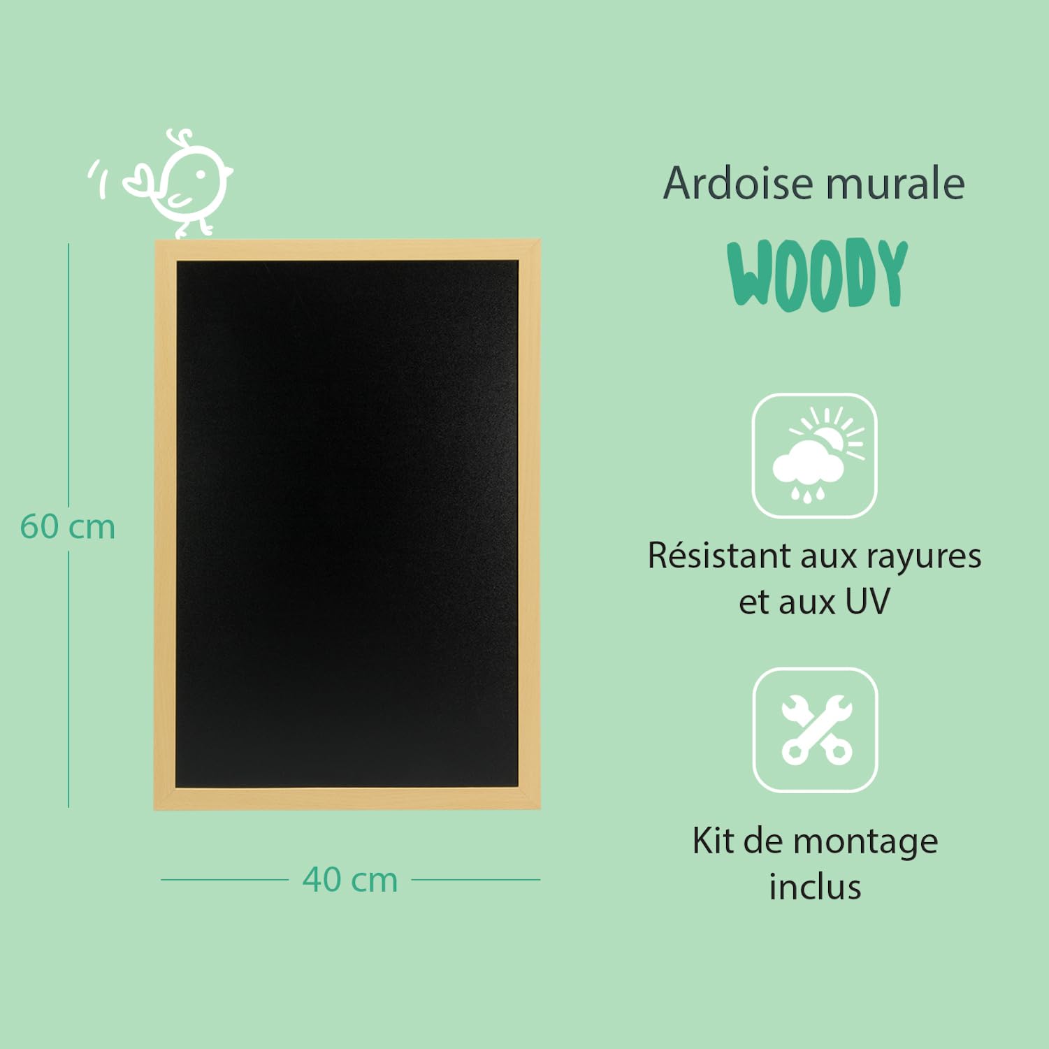 SECURIT - Tableau Noir Mural "Woody" + Marqueur à Craie Liquide - Ardoise Double Face - Cadre en Bois Laqué - 40 x 60 cm - Coloris Teck