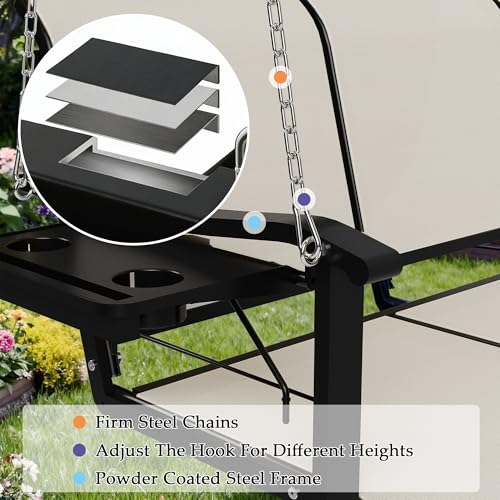 Image of HOMREST Textilene 3 Seat Porch Swing with Cup Holder, 5.3FT Patio Hanging Swing Bench, 700lbs Capacity Outdoor Porch Swing with Hanging Chains for Deck Garden Backyard (Beige)
