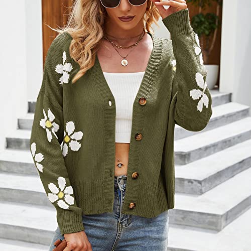 Womens Knit Sweater Cardigans Slouchy Cute Flower Graphic Daisy Button Down Knitted Sweater Coat2