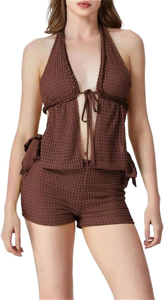 Women's Two Piece Knit Set Women Tie Up Tank Top Hollow Shorts Suits