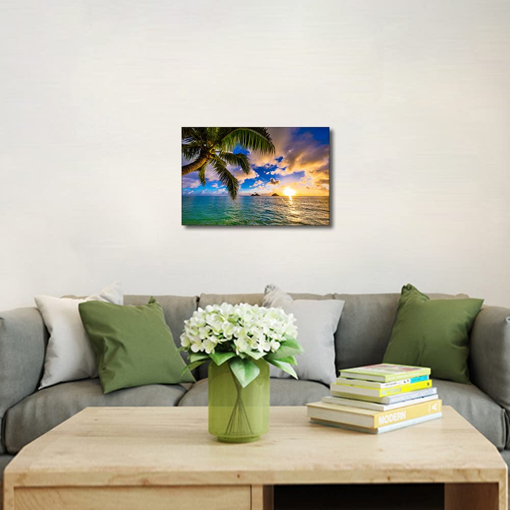 TISHIRON Canvas Wall Art Blue Sky White Cloud Beach Coconut Trees Prints Painting Stretched and Framed Paintings Ready to Hang for Home Decorations Office Wall Decor 18X12inch - Image 4