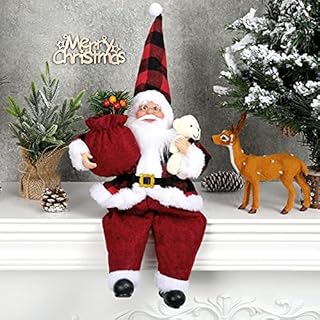 AnyDesign Christmas Sitting Santa Hand Crafted Cute Chic Santa Claus Figurines Doll with Gift Bag and Little Bear Christmas Decoration for Home Office Table Xmas Party Ornament Gift