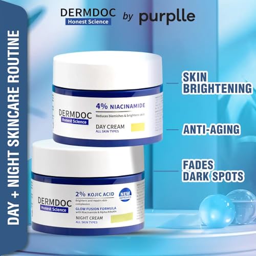Image of DERMDOC Ultimate Skin Brightening 4% Niacinamide Face Day Cream (50 gm) for Glowing Skin & Improved Texture + 2% Kojic Acid Night Cream (50 gm) with Niacinamide & Alpha Arbutin for Dark Spot Reduction, Anti-Aging, and Even-Toned Radiance - Pack of Two