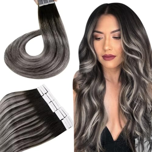 Hetto Tape Hair Extensions Human Hair Balayage Black Ombre Silver, Easy Wear Real Hair Tape in Extensions