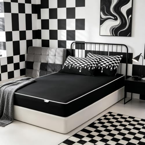 Image of Black and White Checkered Easy Wash Zipper Bedding Full,Checkerboard Drip Removable Cover Comforter Set with Deep Pocket Fitted Sheet,Y2K Aesthetic Geometric Soft Breathable Bed in a Bag for Dorm