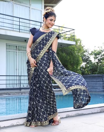 Image of Yashika Women's Georgette Saree with Lace Border | Checkered Geometric Digital Printed Saree for Women