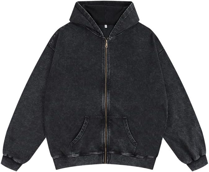 Men's Zip-Up Hoodies Solid Hip-Hop Y2K Oversize Wash Old Craft Basic Hoodies Heavyweight Casual Fit Sweatshirt