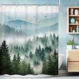 Riyidecor Green Mountain Shower Curtain 72Wx72H Inch Nature Scenery Foggy Pine Tree Scenic Woodland Greenery Landscape Mens Bathroom Decor Fabric Polyester Waterproof 12 Pack Hooks