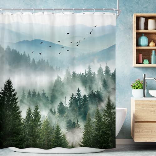 Riyidecor Green Mountain Shower Curtain 72Wx72H Inch Nature Scenery Foggy Pine Tree Scenic Woodland Greenery Landscape Mens Bathroom Decor Fabric Polyester Waterproof 12 Pack Hooks