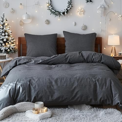 Simple&Opulence Bettwäsche 155x220 Baumwolle 2teilig, weich und warm Bettwäsche-Sets mit Reißverschluss ÖkoTex Zertifiziert Bettbezug und 1 Kissenbezug 80x80, Anthrazit