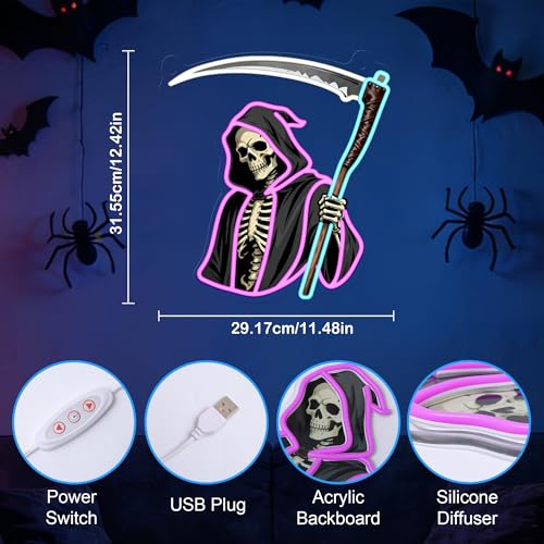 Image of Ammonite Grim Reaper Neon Sign, LED Death Scythe Night Light for Room Wall Table Decor Art, Home Party Birthday Halloween Xmas Birthday Gift for Kids Teens Adults