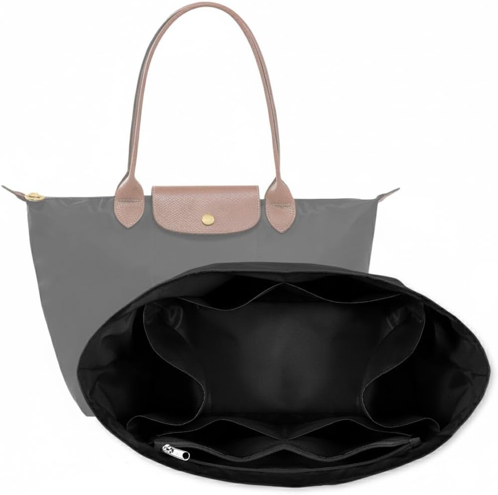 Waterproof Premium Nylon Purse Organizer Insert for Longchamp Le Pliage Tote Bag (Black, Large)
