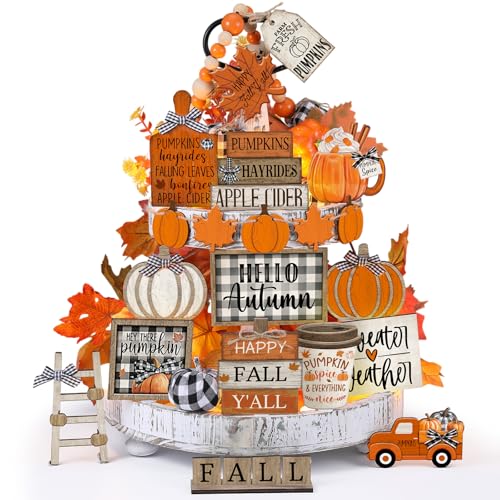 DoubleFill 21 Pcs Fall Tiered Tray Decor Set Hello Autumn Table Sign Thanksgiving Farmhouse Pumpkins Maple Leaves Table Centerpieces Wood Blocks Signs for Harvest Shelf Kitchen Home Decor