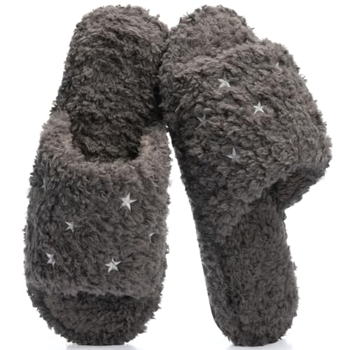 Image of GOEWY Fuzzy Open Toe Slippers for Women Indoor Cozy Memory Foam Slip On House Slides Shoes Gifts for Womens Her Mom