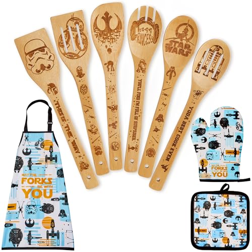 Star Gifts for Women,Home Decor,Kitchen Utensils Set,Wooden Cooking Spoons with Apron Oven Mitt Potholder for Fans,Best Birthday Wedding and Housewarming Christmas Presents 9 pcs