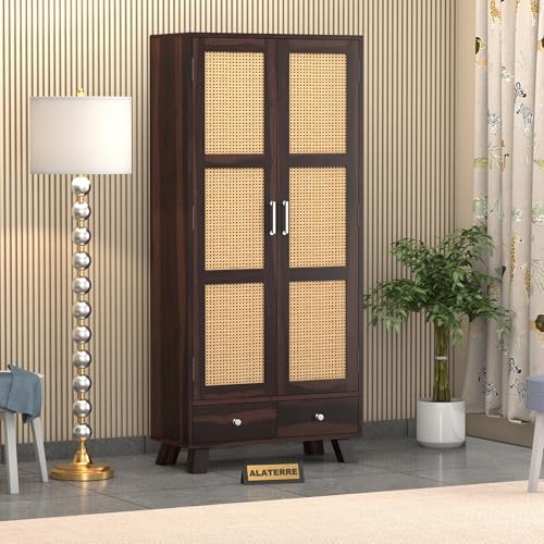 Image of Solid Wood 2 Door Wardrobe with Cane Design | Wooden Almirah with Storage Drawer | Modern Vintage Cupboard for Bedroom & Living Room (Walnut Finish)