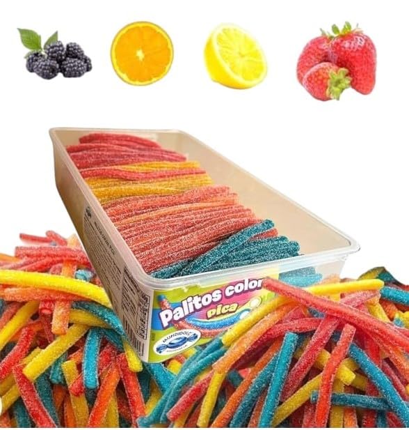 MUNDIDOLÇ Churritos de Azúcar. Chuches Acidas. 200 Unidades de 4 Sabores Distintos. Golosinas y Chucherias. Gominolas Cumpleaños y Halloween (Ácidos)