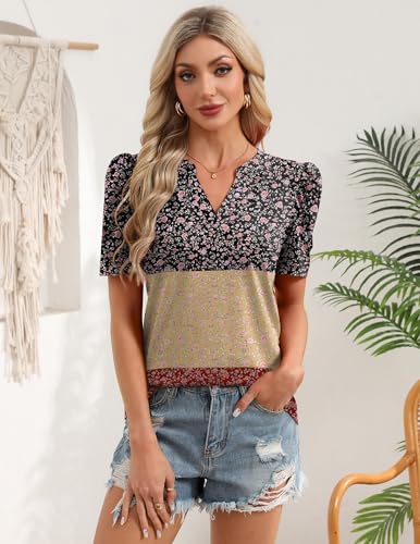 Image of Zeagoo Women Blouses Puff Short Sleeve Tops V Neck Dressy Casual Spring Shirts Boho Floral Cute Clothes 2026
