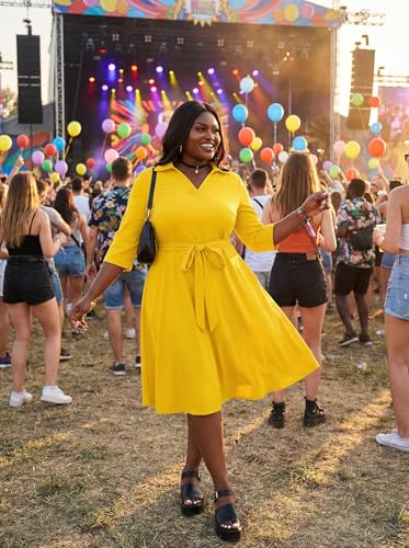 Image of FANDEE Plus Size Midi Dress for Women - Printing Summer Dresses for Wedding Guest Cocktail Party 3 /4 Sleeve V Neck(L-5XL)