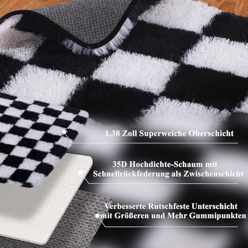 Teppich Kariert Wohnzimmer 90x150cm, Waschbarer Teppich Schlafzimmer Schwarz Weiß, Flauschig Hochflor Antirutsch Teppiche Schachbrettmuster, Modern Schachbrett Carpet für Living Room Kinderzimmer