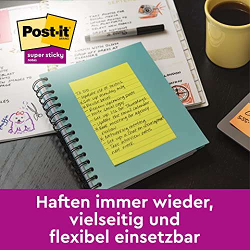 Post-it Super Sticky Meeting Notes, Packung mit 4 Blöcken, 45 Blatt pro Block, 203 mm x 152 mm, Farben: Grün, Pink, Gelb, Orange - Extra-stark klebende Notizzettel für To-Do-Listen und Erinnerungen