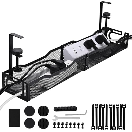 Clamp-On Under Desk Cable Management Tray – 25.3 Inch No Drill Metal Wire Organizer for Home Office & Standing Desk Setup (Black)