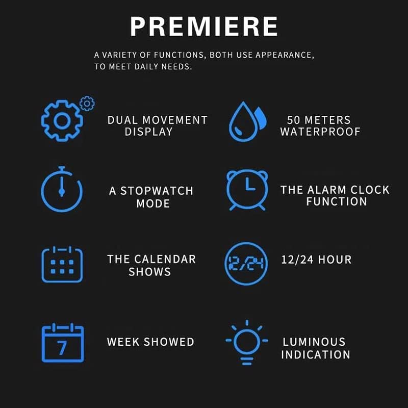Icons representing watch features: Dual Movement Display, 50 Meters Waterproof, Stopwatch Mode, Alarm Clock Function, Calendar Shows, 12/24 Hour, Week Showed, Luminous Indication.