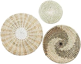 Handmade Hanging Woven Wall Basket Decor Set,3 pcs Artistic Round Seagrass Baskets,Geometric Design Disc Wall Hanging Round Flat Bohemian Home Wall Decor for Bedroom, Kitchen, and Living Room