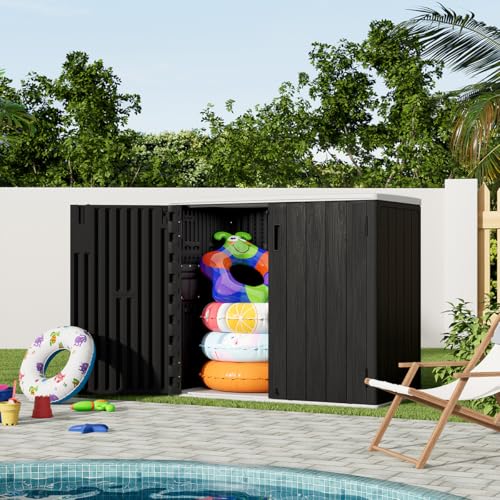 Image of KINYING Outdoor Horizontal Storage Sheds,37 Cu.ft Outdoor Storage Cabinet Waterproof Resin Tool Storage Box for Lawn Mower,Garden Tools and Patio Furniture, Lockable (Black)