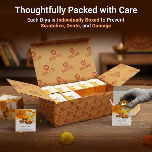 Image of SATVIK 20 Pc Indian Pooja Kuber Diya for Diwali Decoration. Handmade Oil Lamp with Golden Engraved Made of Brass Metal. Vilakku for Puja Pooja. Traditional Indian Deepawali Housewarming Gift Items