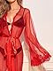 ROSVAJFY Damen Durchsichtig Kimono Robe Lang Dessous Robe Spitze Bikini Cover Up Strandkleid Sexy Mesh Morgenmantel Kleid Transparente Babydoll Negligee Cardigan mit Gürtel (Rot)