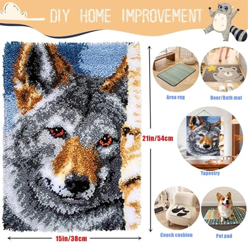 Image of EMISTEM Latch Hook Kits for Adults - DIY Latch Hook Rug Kits, Crochet Kit for Beginners, Rug Making Kits with Printed Canvas, Gift Packaging. (Grey Wolf,15x21)