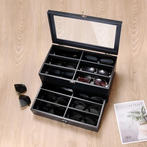 Image of Wooden Sunglasses Storage Organizer, 12 Slots Sunglasses Organizer Case for Multiple Pairs, Eyeglasses Display Case for Gift, Holder Watches Jewelry Collection for Men Women, Black