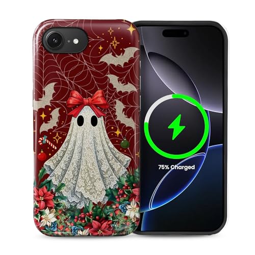 Coque iPhone 16e MagSafe rigide à 2 couches motif fantôme dentelle Noël