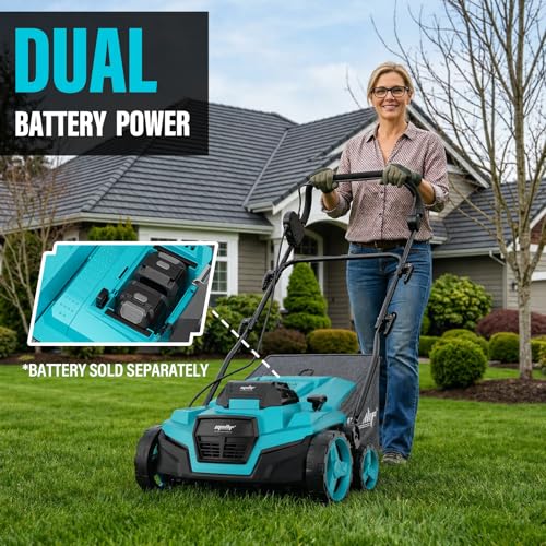 Image of Cordless Lawn Dethatcher Compatible with Makita 18v Battery(Tool Only), 36V Dual Battery Powered Brushless 2-in-1 Scarifier, 15'' Wide, 12-Gal Collection Bag, Air Boost Technology, 5 Adjustable Depths