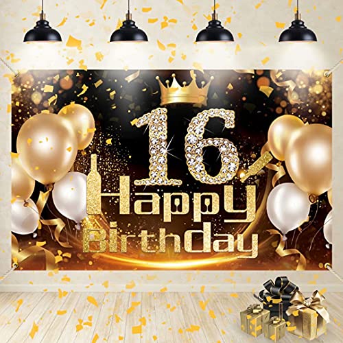 16 Geburtstag Deko, 16 Geburtstag Junge Mädchen Schwarz Gold, Banner 16 Geburtstag, Deko 16. Geburtstag Mädchen, Geburtstagsbanner 16 Schwarz Gold, Stoff Schild Poster Hintergrund zum 16. Geburtstag Cover