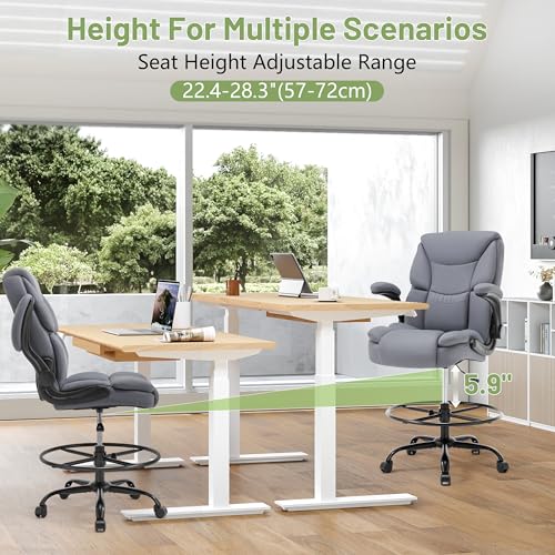 Image of 500LBS Drafting Chair, High Back Safer Standing Desk Chair, Executive Tall Office Chair with Flip-up Armrests, Upholstered PU Leather Task Chair, Ergonomic Seat with Adjustable Height&Foot Ring, Grey