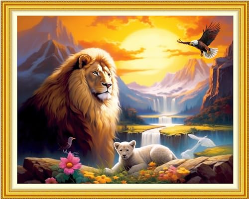 Image of DMCVIVR Stamped Cross Stitch Kits for Beginners Adults Needlepoint Kits for Beginners Embroidery Kits for Adults Crossstitch Kit for Beginners 11CT-(Lion Scenery 16x20 inch
