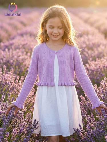 Image of Girls Cotton Knit Shrug Cardigan with Long Sleeve Ruffle Hem