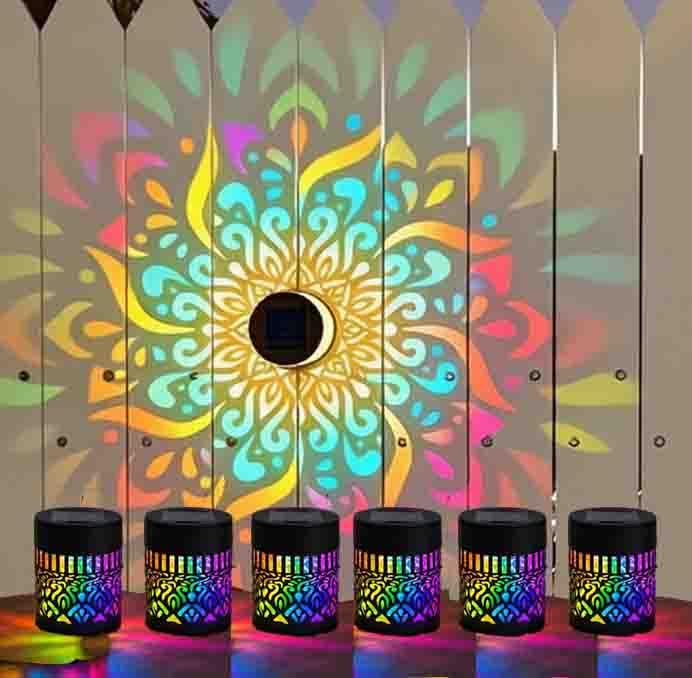 Solar Mandala Wall Lights, 7‑Color Changing Outdoor Decorative Projection Lamp, Waterproof Metal Fence Light for Garden Yard Patio Backyard Post Decor (6 Pcs)