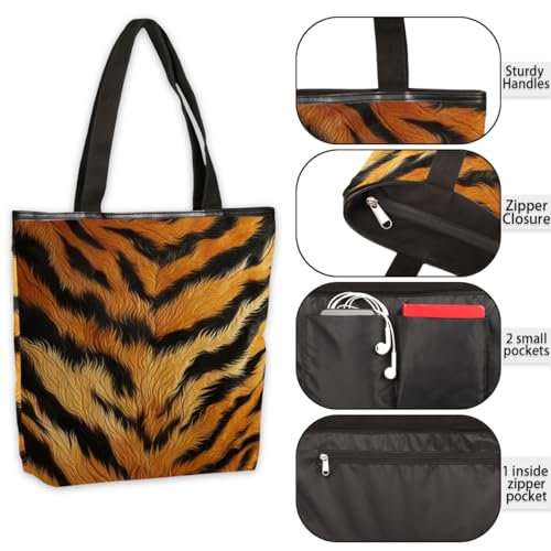 Animal Tiger Print Canvas Tote Bag for Women Large Tote Bag with Zipper & Pockets Canvas Beach Bag Shoulder Bag Reusable Shopping Bags Cute Tote Bags for Work Travel4