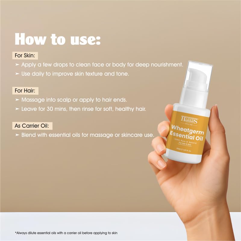Image of Habibs Orgamatic Pure Wheatgerm Carrier Oil - 100% Natural, Cold-Pressed for Anti-Aging Skin & Hair Nourishment 30ML