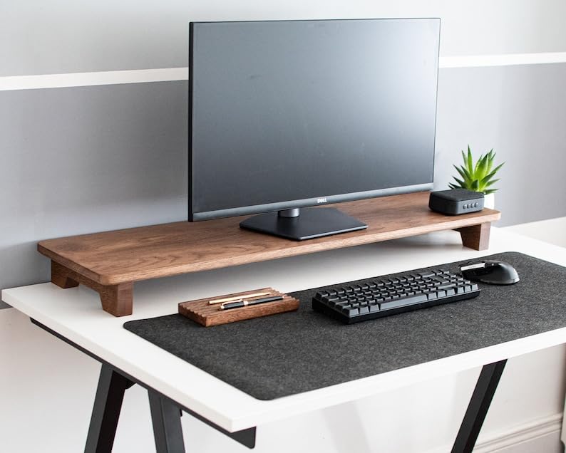 carpentray 80cm Long Wooden Computer Long Monitor Stand, Monitor Riser Desk Shelf Desktop Legs Stand TV Laptop Riser with Keyboard Storage Desk (Walnut Finish) (80Cm Brown Legs)