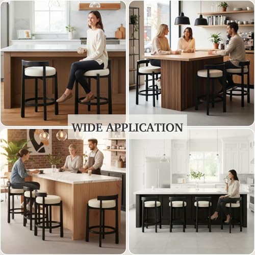 Image of LukeAlon Mid Century Linen Counter Stools Set of 6, Upholstered 26.5 inch Seat Height Low Barstools with Black Wood Legs Round Low Back Kitchen Stools with Footrest for Dining Room Restaurant, Beige