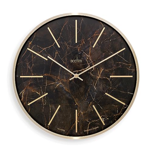 Image of Acctim Luxe Wall Clock Quartz Brushed Metal Embossed Golden Batons Brass Hands Dark Marble 40cm